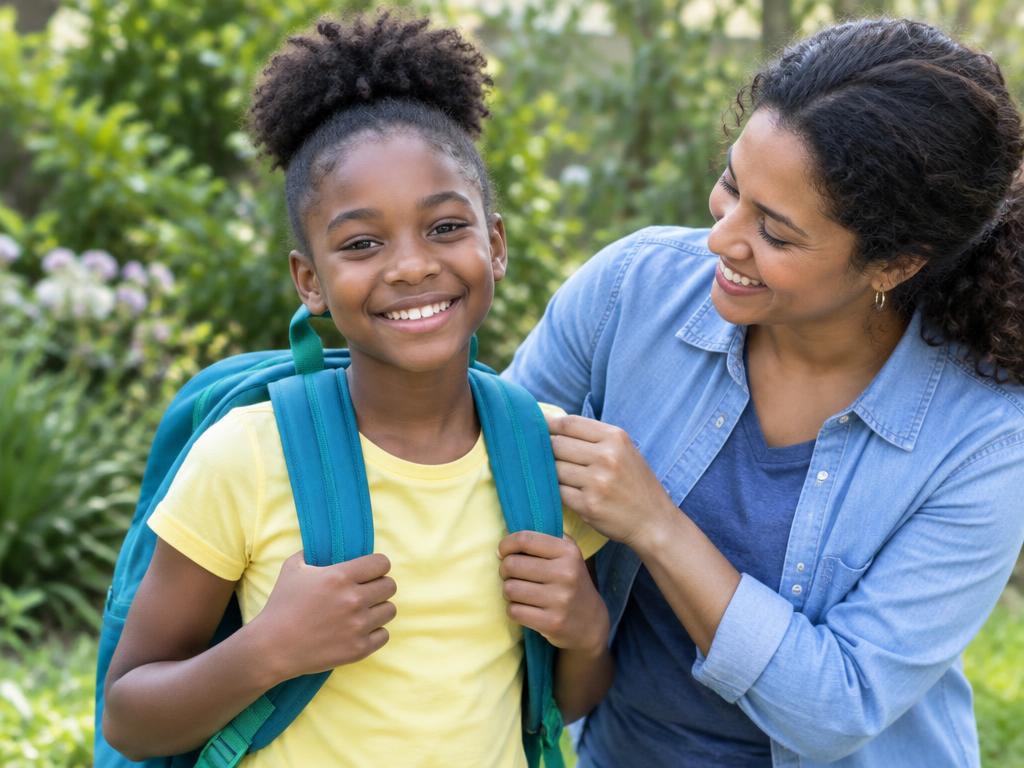 Illustrative image of a child with a backpack and a caring volunteer