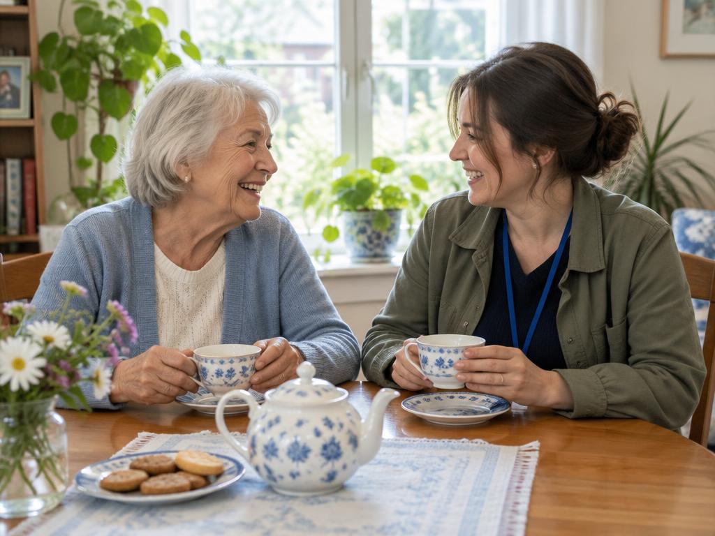 Illustrative image of an older woman sharing tea with a volunteer